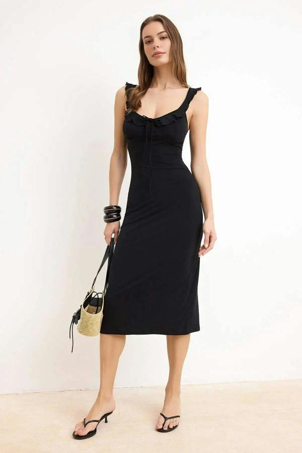 WOVCOR Bodycon V-Neck Thick Strap Sleeveless Maxi Stretch Knit Dress