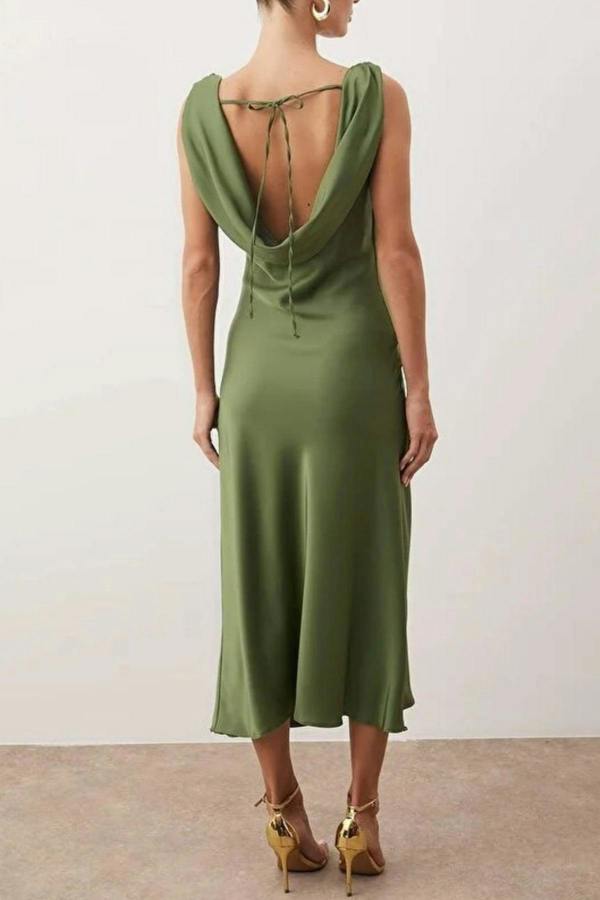 WOVCOR Woven Satin Maxi Party Dress with Accessory Details