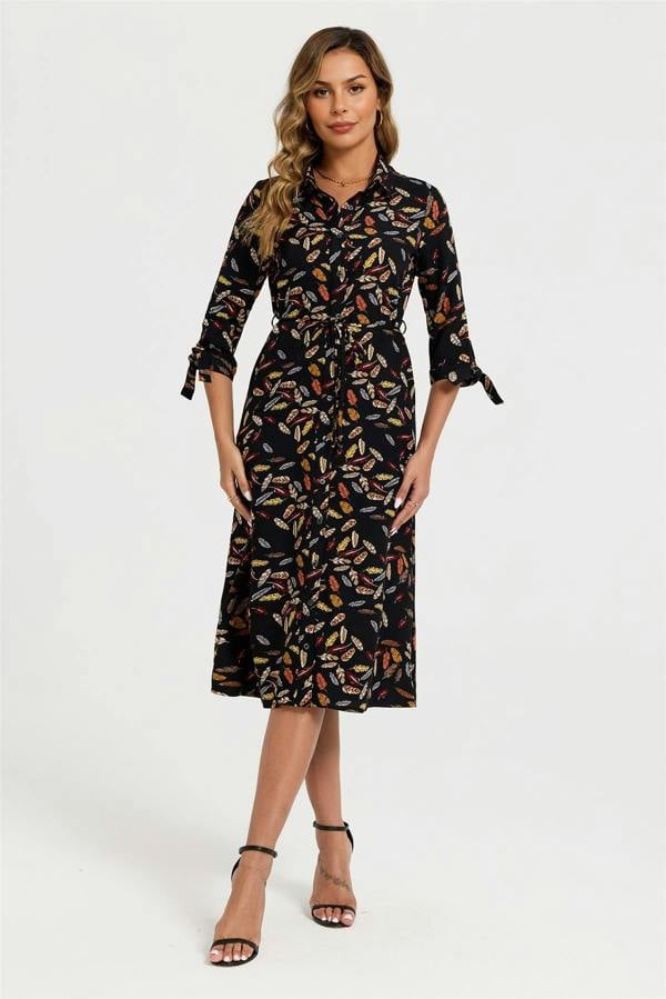 FS Collection Leaf Print Tie On Sleeves Midi Shirt Dress In Black