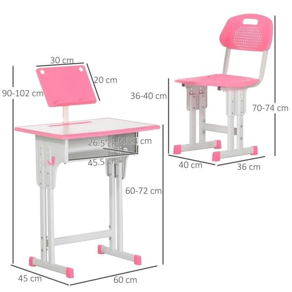 Kids pink adjustable desk and chair set with labeled size diagram and white legs.