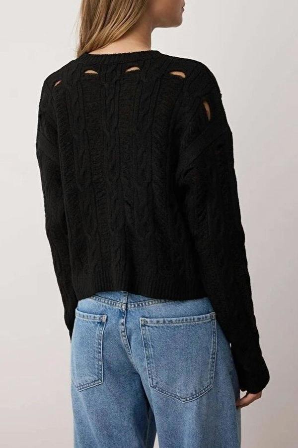 WOVCOR Soft Textured Loose Fit Openwork Knit Sweater