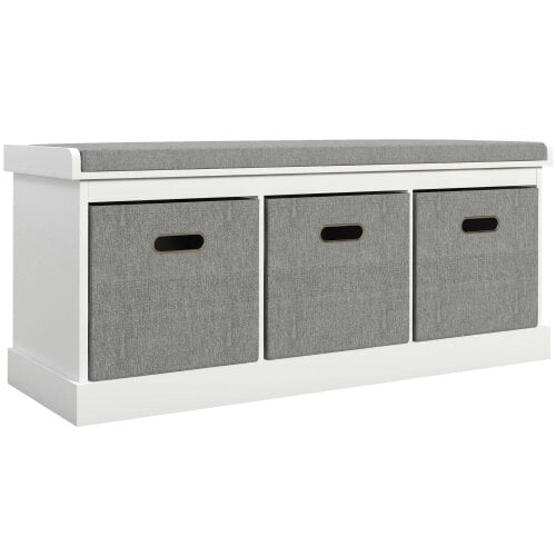 Wyld Haus Elfila Wooden White 3 Drawer Shoe Storage Bench With Grey Padded Seat