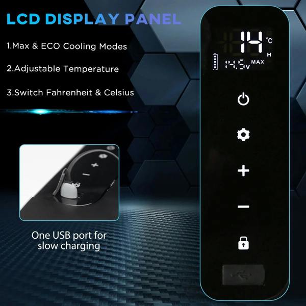 Portable cooler control panel with LCD display, temperature buttons, and USB port