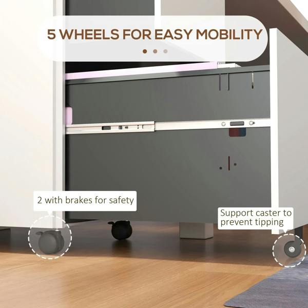 Underside view of white mobile filing cabinet showing five caster wheels and braked casters