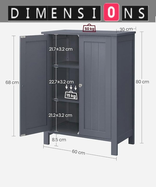 Modcraft Grey Bathroom Storage Cabinet – Freestanding Cupboard with 2 Adjustable Shelves