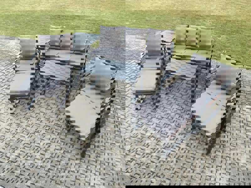 Fimous Aluminium 7 Pieces Garden Furniture Sofa Set with Cushions 7 Seater Outdoor Patio Set with 2 Armchair 2 Big Footstools Side Table Dark Grey