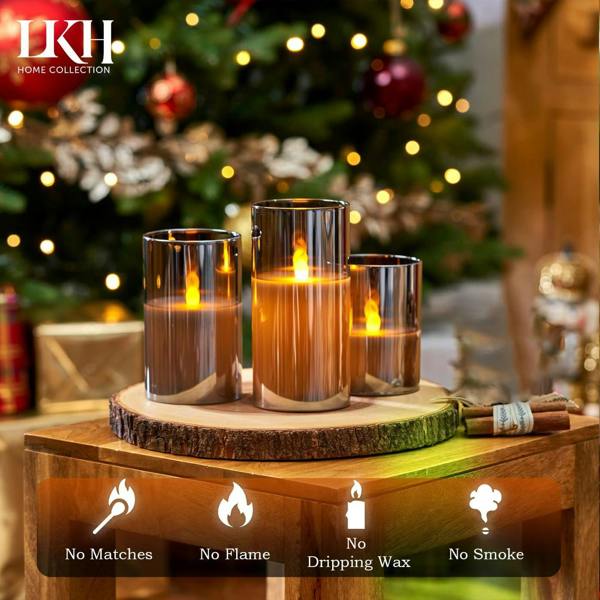 LKH HOME COLLECTION Flickering Glass LED Candles Pack of 3 - Warm White Light Battery Operated Candles with Remote Control