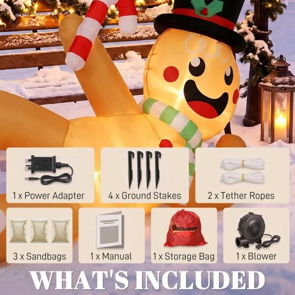 Bobobiy 9.8ft Giant Christmas Inflatable Gingerbread Man Side-Lying, Outdoor Blow Up Christmas Decoration with LEDs, Bag