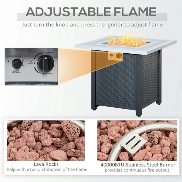 Black and grey gas firepit table showing adjustable flame control and burner