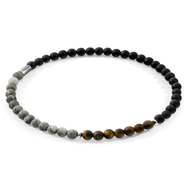 Anchor & Crew Black Onyx, Grey Jasper and Brown Tigers Eye Joshua Silver and Stone SKINNY Bracelet