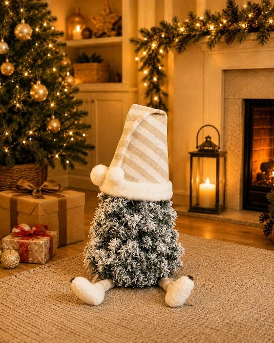 Outdoor Living Flocked mini tree gonk with striped nightcap and dangly legs, white sleepy Snowdrift Gonk