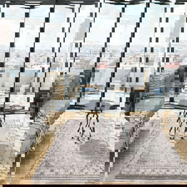 Living Room Medallion Design Grey Rug