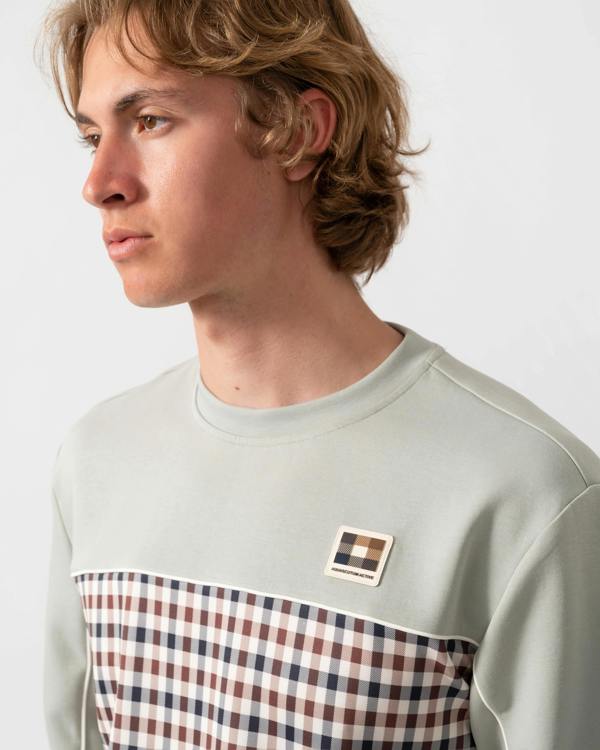 Aquascutum Mens Club Check Crewneck Sweatshirt - Salvia 34 | CHO | Designer Mens Sweatshirts
