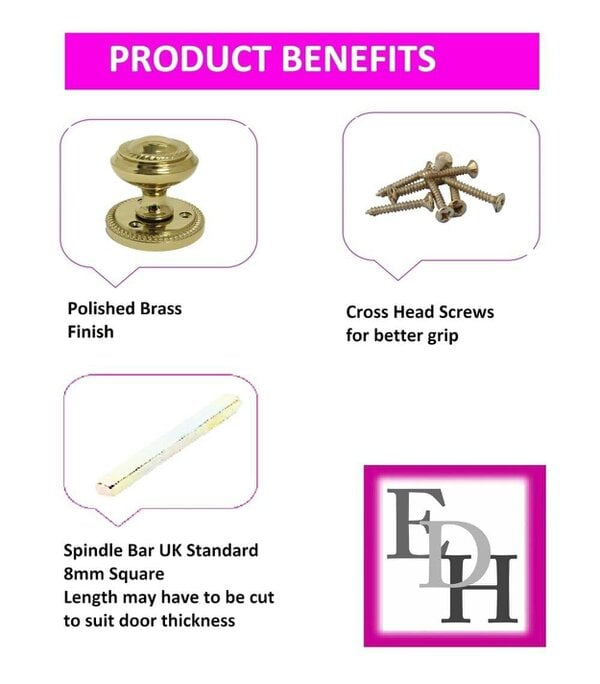 EDH Door Hardware Brass Plated Round Door Knob Set Including Tubular Latch - Georgian Style Sprung Internal & External Door Knobs