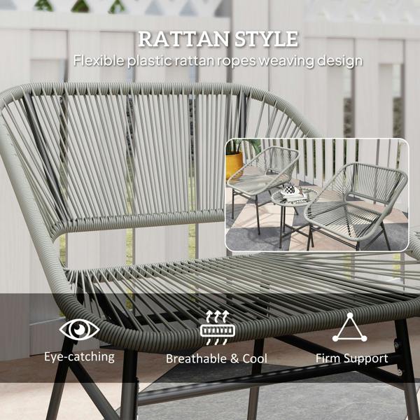 Wyld Haus Sorino Rattan Rope Light Grey 3 Piece Outdoor Garden Bistro Furniture Set Glass Coffee Table