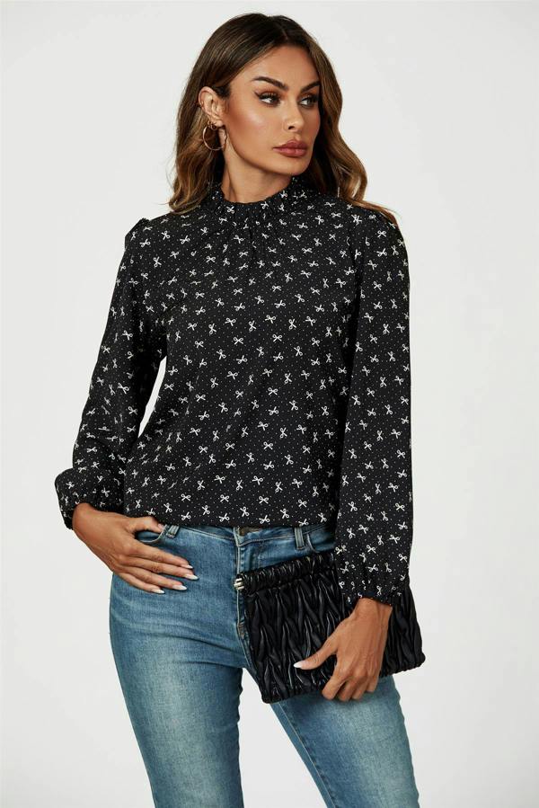 FS Collection Bow Print Frill Detail High Neck Top In Black