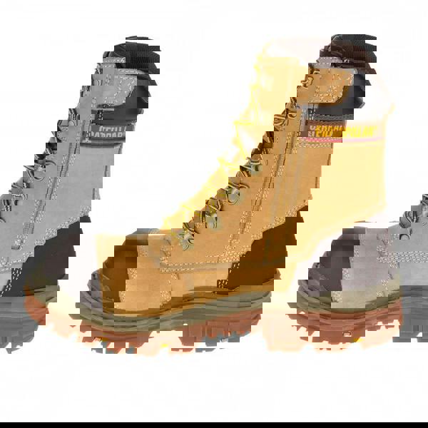 Caterpillar Premier 8 TX Mens Composite Toe/Midsole Water-Resistant Work Boots, rugged tan and black leather work boot with yellow laces and durable rubber sole.