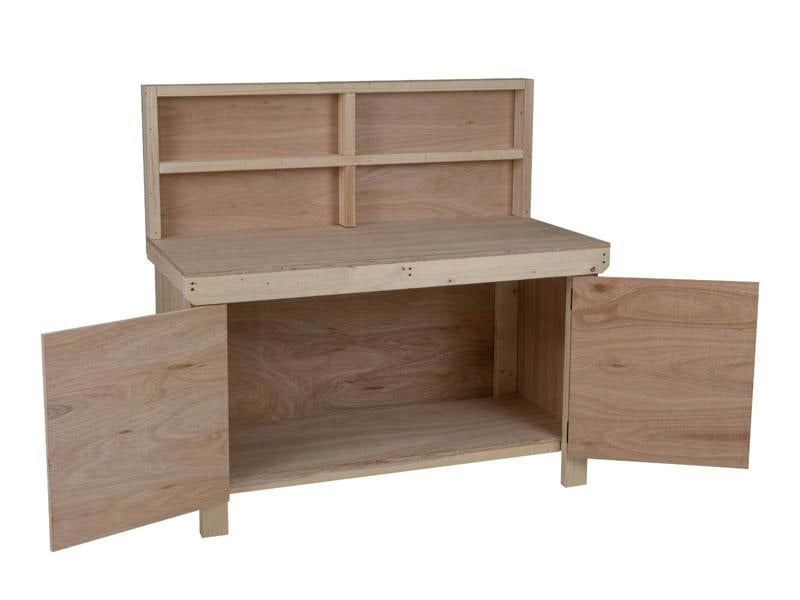 Arbor Garden Solutions Wooden Eucalyptus hardwood top workbench with lockable cupboard (V.9) with back panel