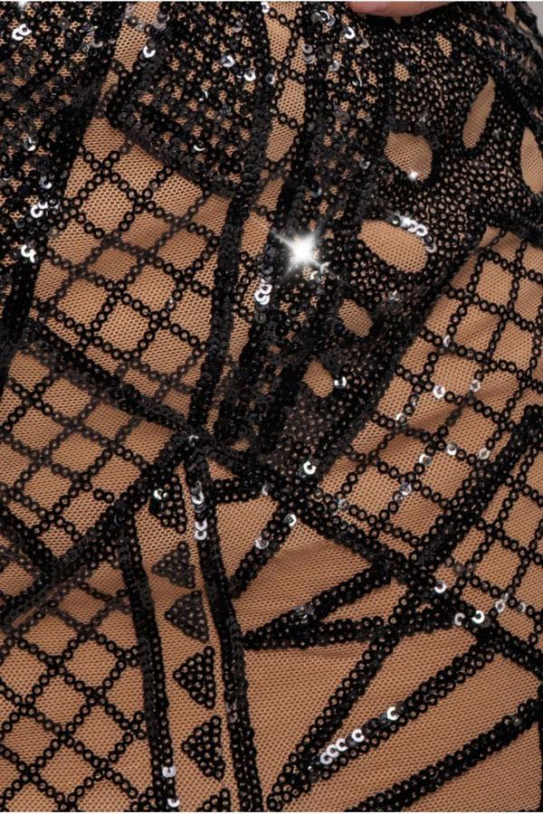 Geometric Sequin Plunge Midi - Black DR4191