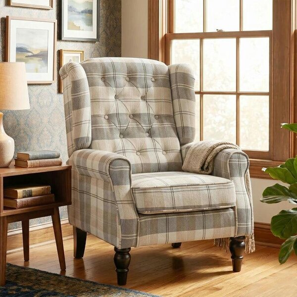 Wingback Accent Chair, Linen-Look Fabric Armchair with Thick Spring Cushion, High Back, Khaki Plaid