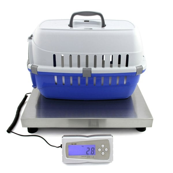 T-Mech 50cm x 50cm vet scales with a blue pet carrier on a stainless steel platform and a digital display showing weight
