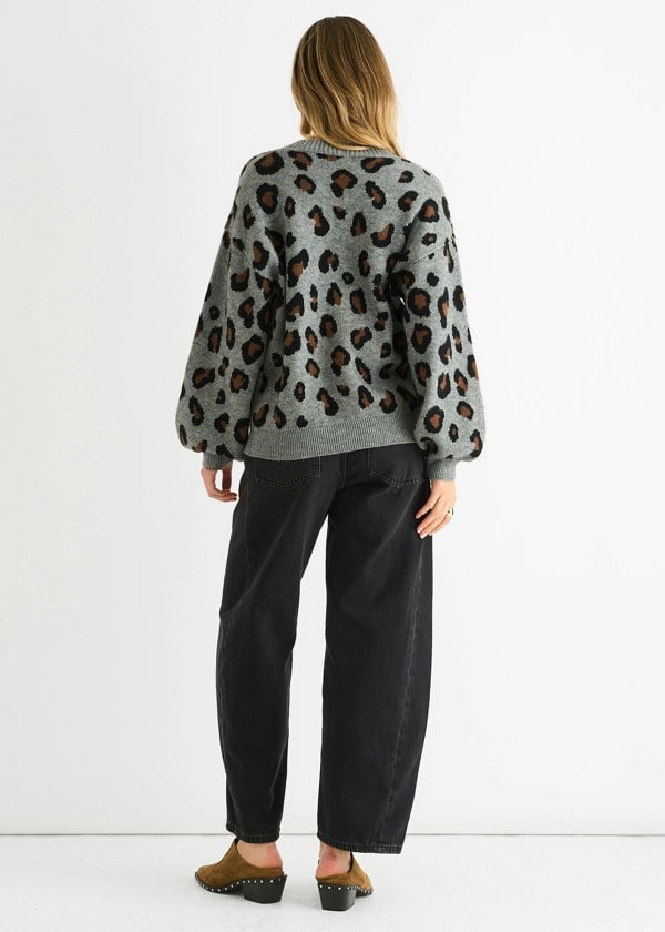 Gini London Grey Animal Print Knit Short Cardigan