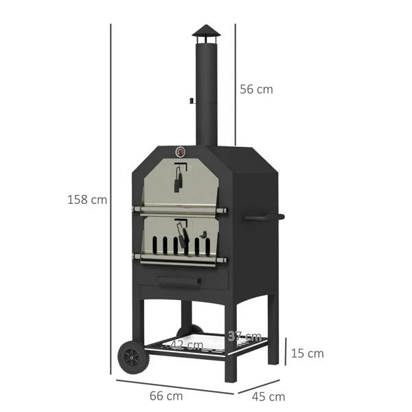 Black charcoal pizza oven grill front view with chimney stack and firebox doors