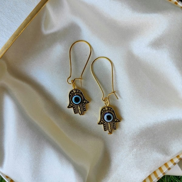 The Colourful Aura Long Silver Evil Eye Dainty Fatima Hand Hamsa Huggie Latch Back Boho Earrings