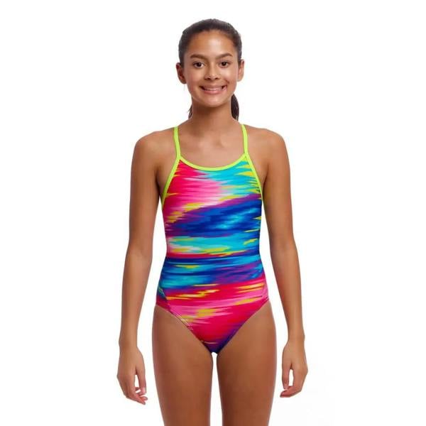 Funkita girls lost ocean diamond back swimsuit in multicolored tie-dye with neon accents