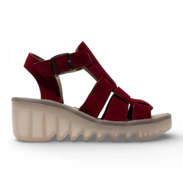 Fly London BAIC621FLY - Women’s Berry Red Suede Leather Wedge Sandal