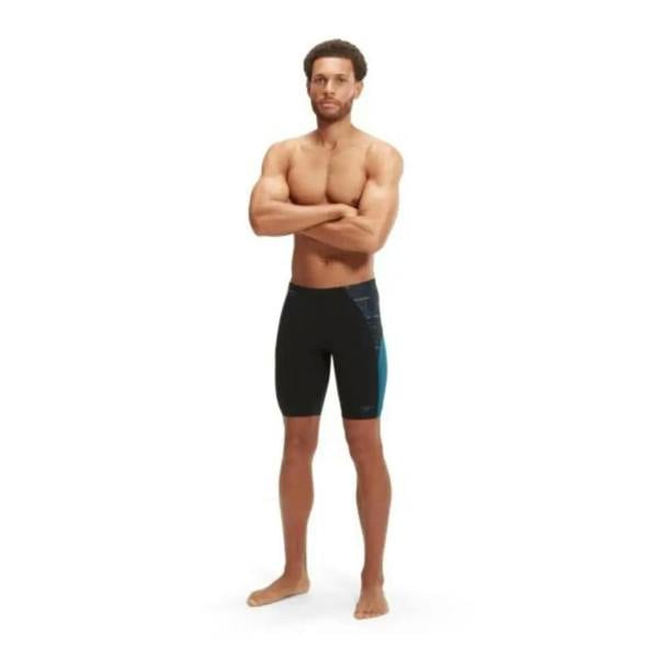 Sleek black and teal Endurance+ Max Splice Speedo swim jammer trunks