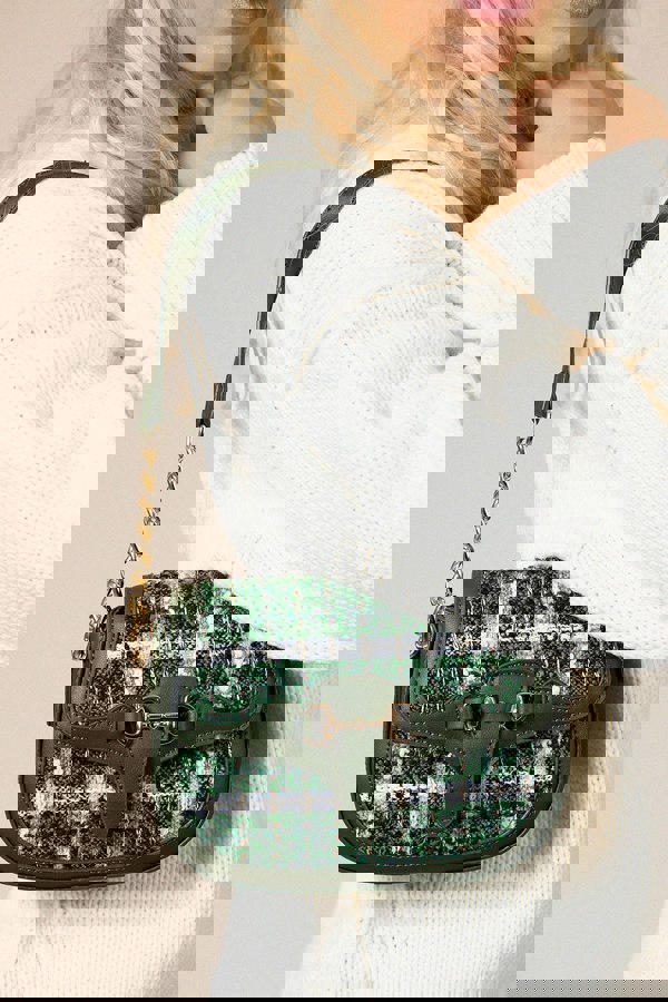 SVNX Knit Check Shoulder Bag in Khaki Green