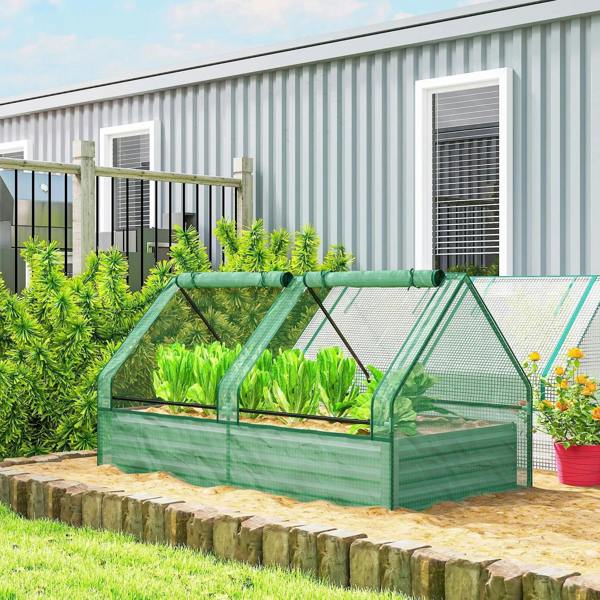 Green raised metal garden bed with transparent greenhouse cover over planted herbs and flowers