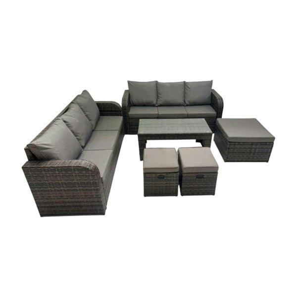 Fimous Rattan Garden Outdoor Furniture Set 3 Seater Sofa Coffee Table with 3 Footstools Dark Grey Mixed