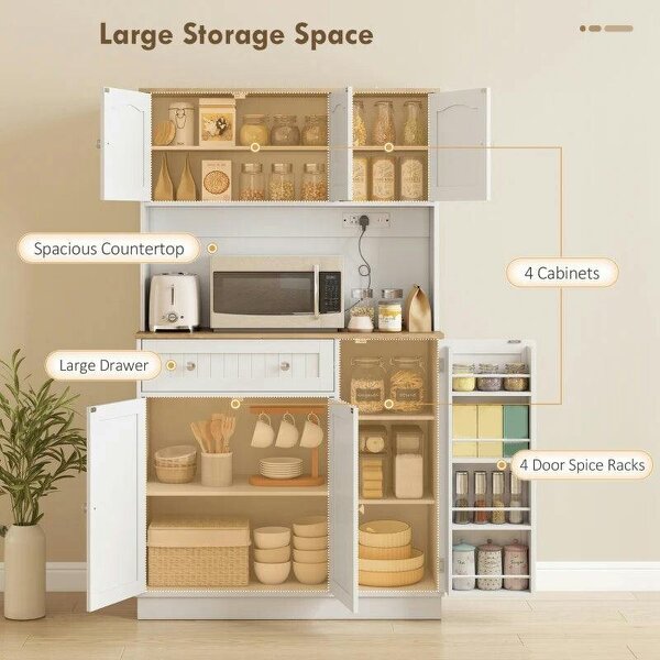173 cm Tall Kitchen Cupboard with Charging Station, Pantry Storage Cabinet with Adjustable Shelves and 4 Door Racks