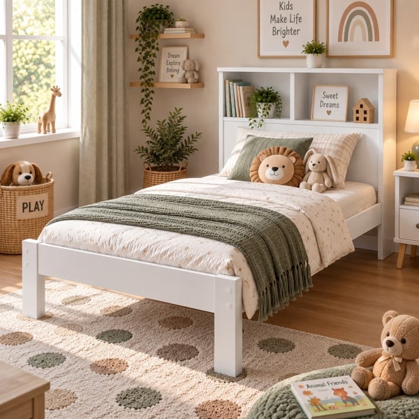 Maserri Easton Wooden Single Bed Frame with Shelf Headboard, White or Grey
