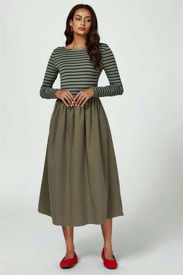 FS Collection Long Sleeve Stripe Midi Dress In Olive