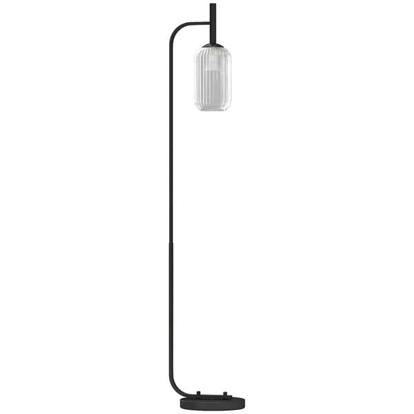 Black modern standing floor lamp with glass shade and foot switch base