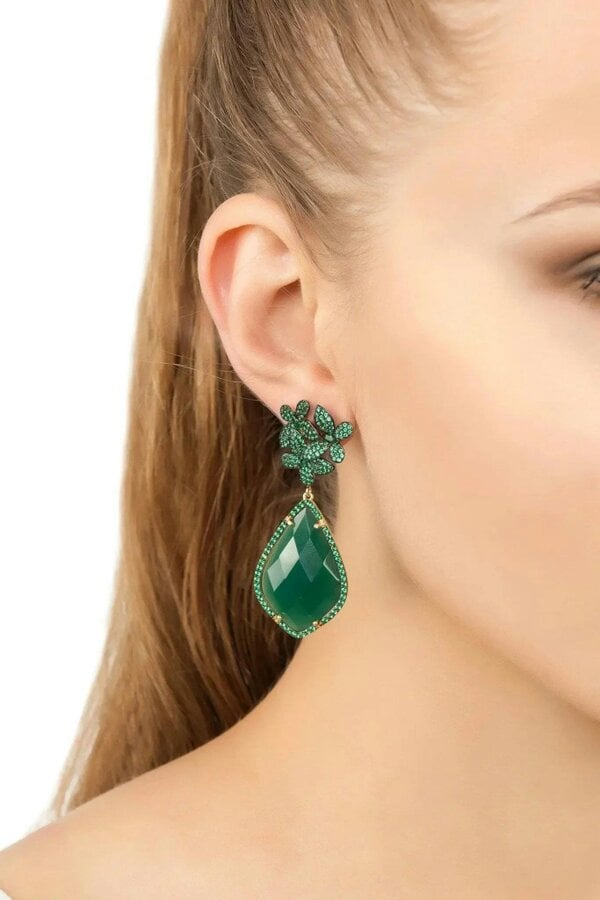 Latelita Flowers Green Onyx Teardrop Earrings Gold