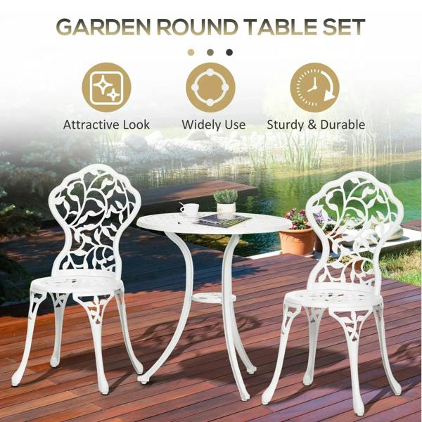 White garden round bistro table set with two carved floral chair backs