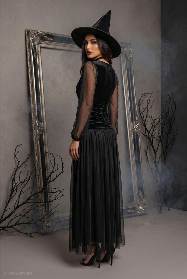 Goddiva Long Sleeve Maxi Classic Witch Halloween Costume - Black by Goddiva