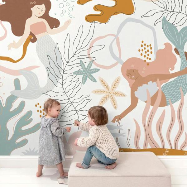 Roomblush Nursery Mermaids 6 Lane Repeatable Wallpaper Eco Mural 300 x 285cm, Pastel