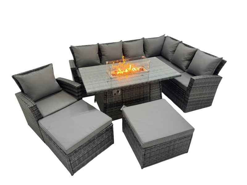 Fimous Outdoor Furniture Garden Dining Set Rattan Corner Sofa Chair Set Gas Fire Pit Table with Temper Glass 2 Big Footstools Dark Grey Mixed