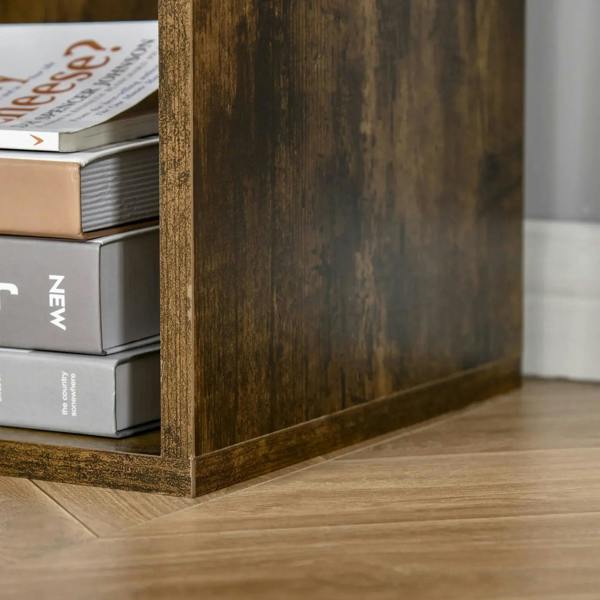 Close-up of rustic brown bookcase base and open cube storage