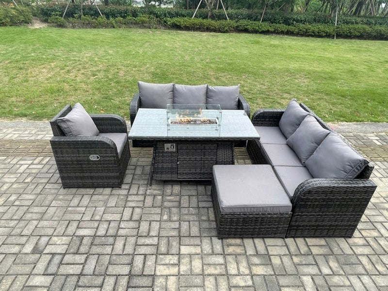 Fimous Rattan Outdoor Furniture Gas Fire Pit Rectangle Dining Table Gas Heater Reclining Chair 3 Seater Sofa Sets with Big Footstool 8 Seater