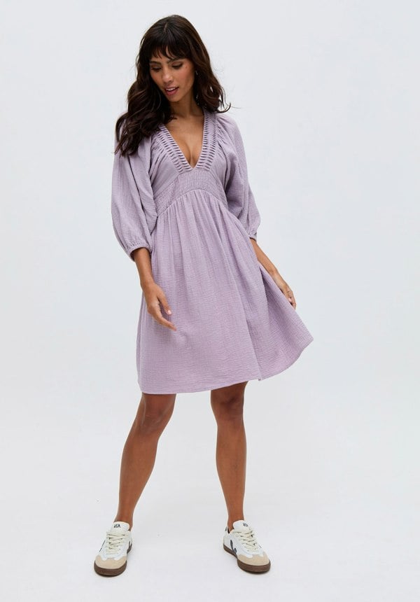 Soipoi Ruched V-Neck Mini Dress In Purple