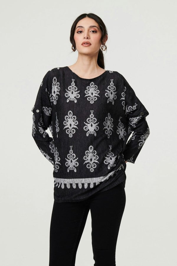 Black | Printed Long Sleeve Relaxed Top
