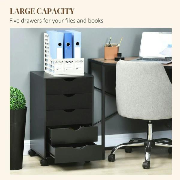 Black rolling filing cabinet with four drawers and an open bottom drawer