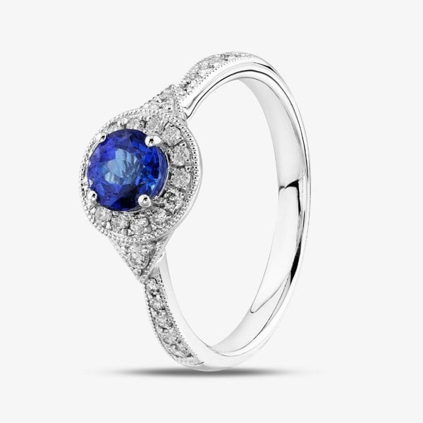 T. H. Baker 18ct White Gold Brilliant Cut Tanzanite & Diamond Shoulder Set Halo Ring R60616W-TZ M
