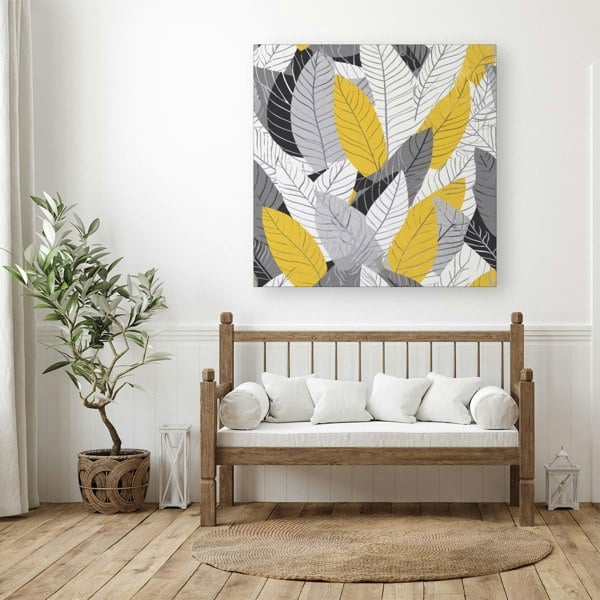 Warren Reed Yellow Grey Feather Leaves Canvas